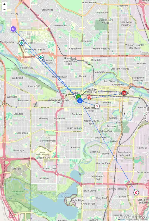 Daily accessibility map for 1604 13 AV SW, Calgary showing nearby schools, grocery stores, parks, LRT stations and nearby amenities