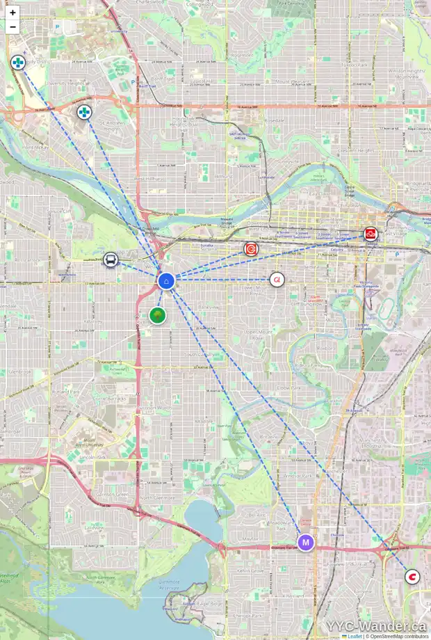 Daily accessibility map for 1614 SUMMIT ST SW, Calgary showing nearby schools, grocery stores, parks, LRT stations and nearby amenities