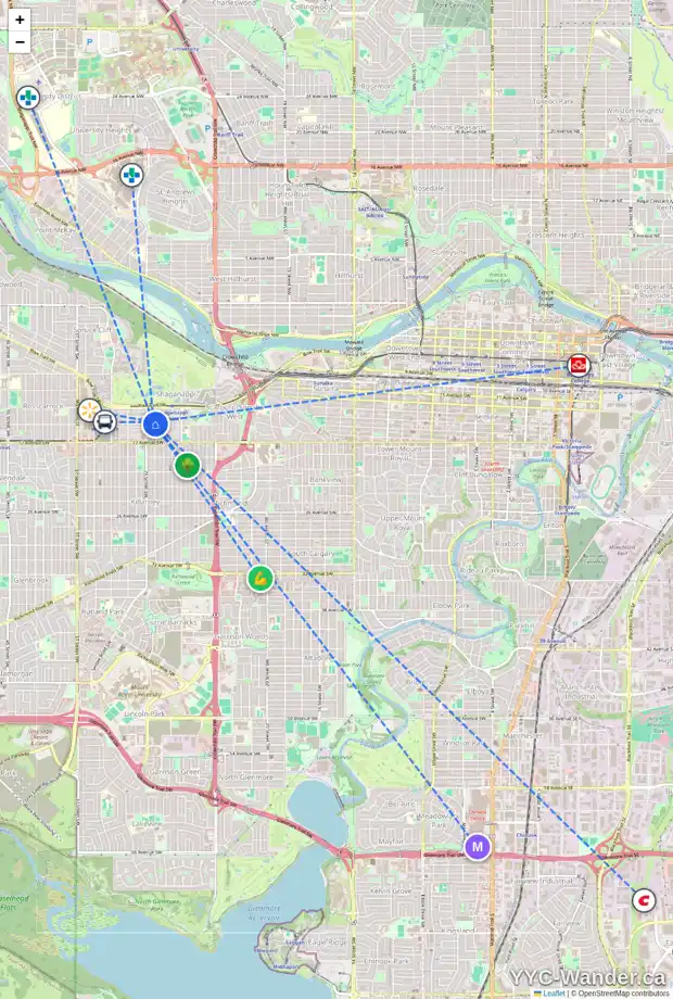 Daily accessibility map for 1439 28 ST SW, Calgary showing nearby schools, grocery stores, parks, LRT stations and nearby amenities