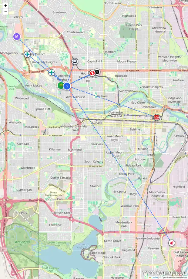 Daily accessibility map for 2556 TORONTO CR NW, Calgary showing nearby schools, grocery stores, parks, LRT stations and nearby amenities