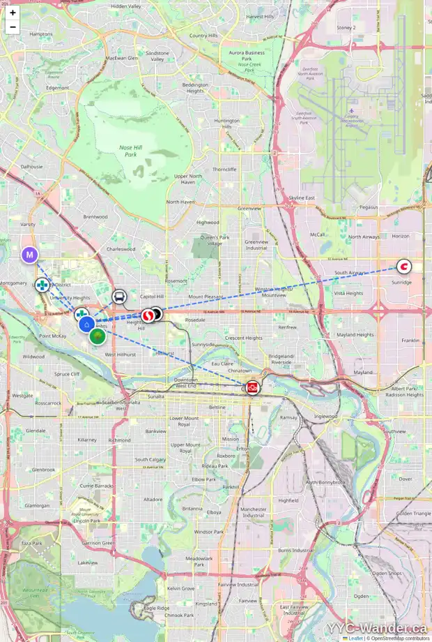 Daily accessibility map for 1308 29 ST NW, Calgary showing nearby schools, grocery stores, parks, LRT stations and nearby amenities