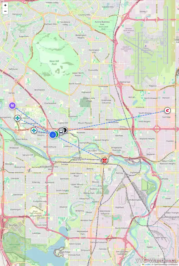 Daily accessibility map for 2108 12 AV NW, Calgary showing nearby schools, grocery stores, parks, LRT stations and nearby amenities