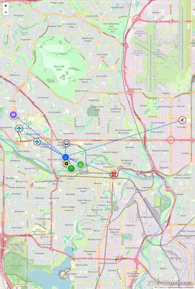 Daily accessibility map for 517 18A ST NW, Calgary showing nearby schools, grocery stores, parks, LRT stations and nearby amenities