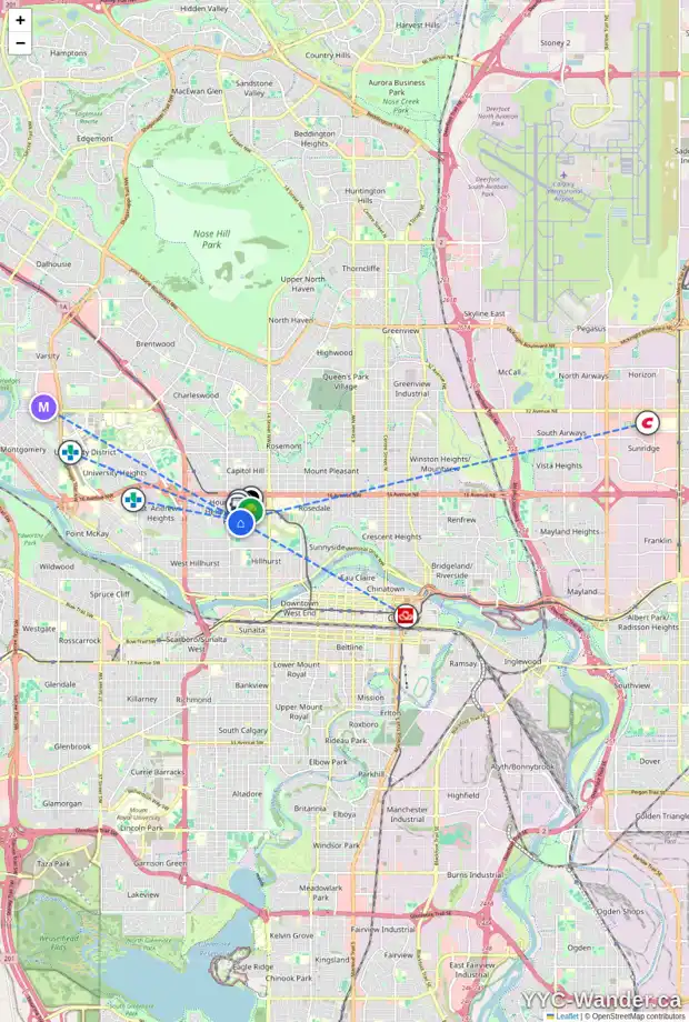 Daily accessibility map for 1212 18 ST NW, Calgary showing nearby schools, grocery stores, parks, LRT stations and nearby amenities