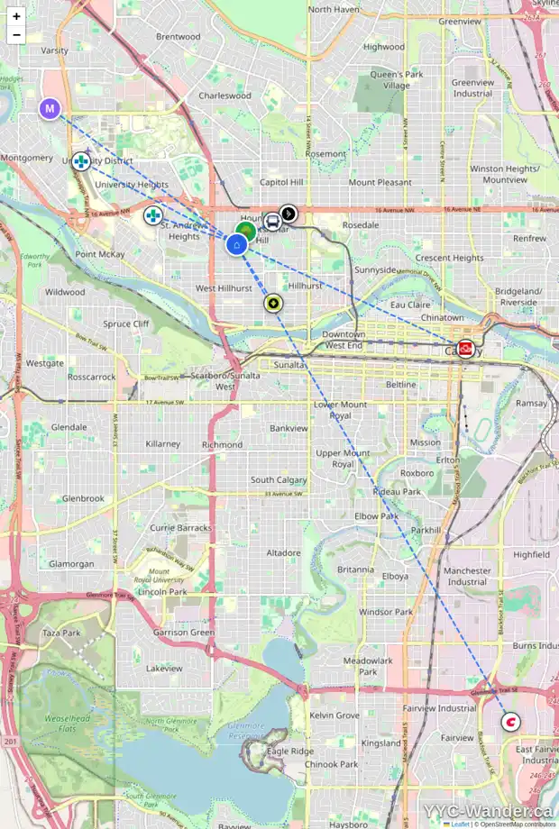 Daily accessibility map for 6 HAWTHORNE CR NW, Calgary showing nearby schools, grocery stores, parks, LRT stations and nearby amenities