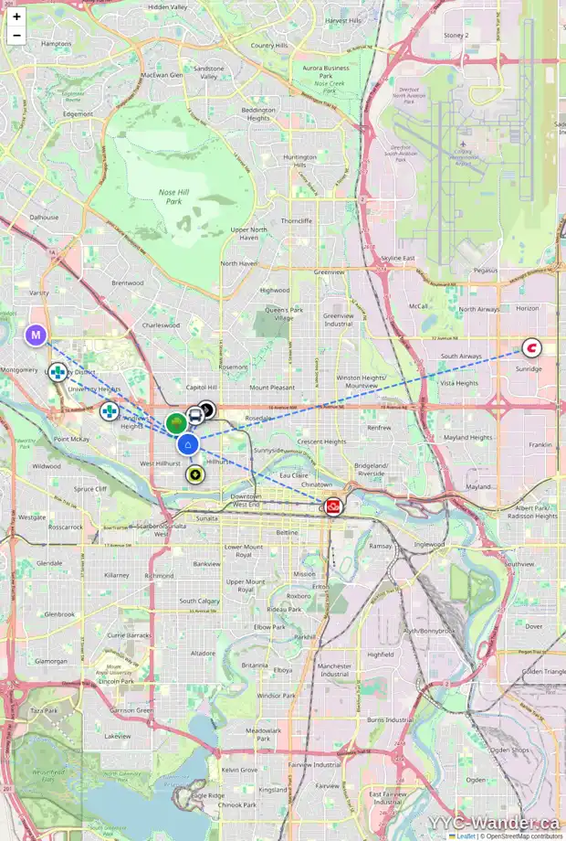Daily accessibility map for 2002 7 AV NW, Calgary showing nearby schools, grocery stores, parks, LRT stations and nearby amenities