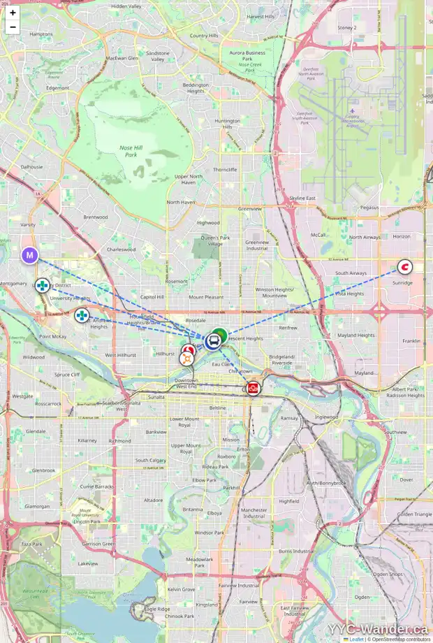 Daily accessibility map for 754 5A ST NW, Calgary showing nearby schools, grocery stores, parks, LRT stations and nearby amenities