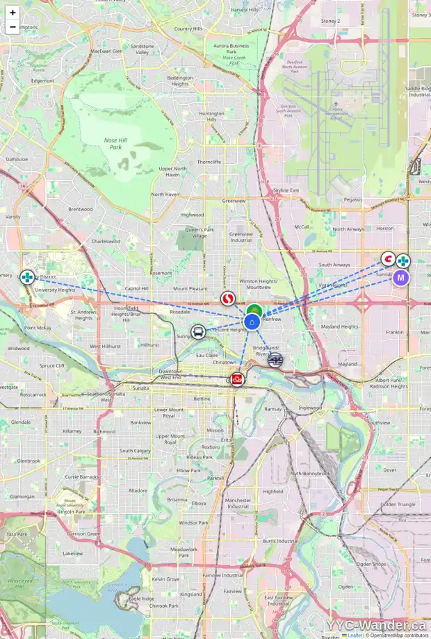 Daily accessibility map for 1119 5 ST NE, Calgary showing nearby schools, grocery stores, parks, LRT stations and nearby amenities