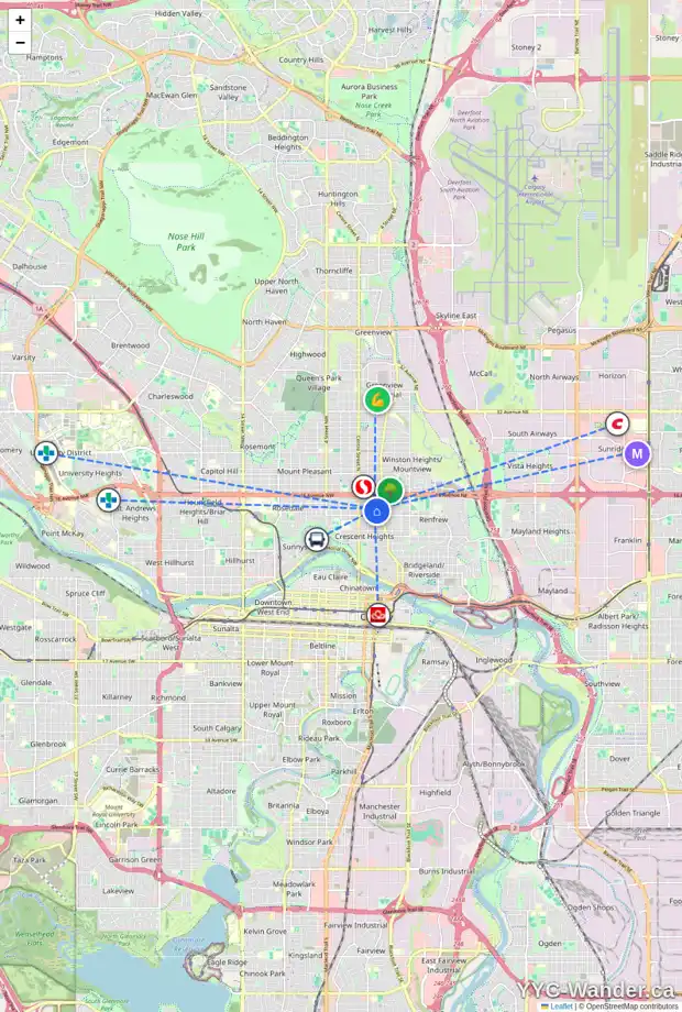 Daily accessibility map for 234 13 AV NE, Calgary showing nearby schools, grocery stores, parks, LRT stations and nearby amenities