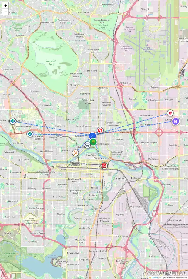 Daily accessibility map for 1416 3 ST NW, Calgary showing nearby schools, grocery stores, parks, LRT stations and nearby amenities