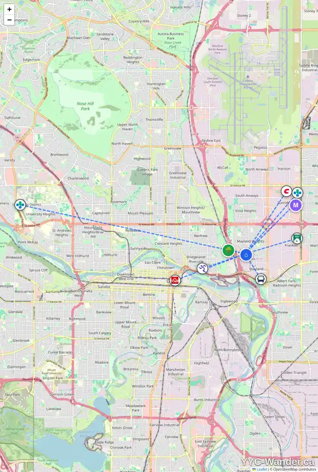 Daily accessibility map for 1820 MATHESON DR NE, Calgary showing nearby schools, grocery stores, parks, LRT stations and nearby amenities