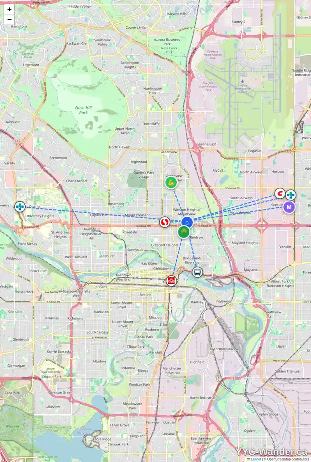 Daily accessibility map for 1816 6 ST NE, Calgary showing nearby schools, grocery stores, parks, LRT stations and nearby amenities