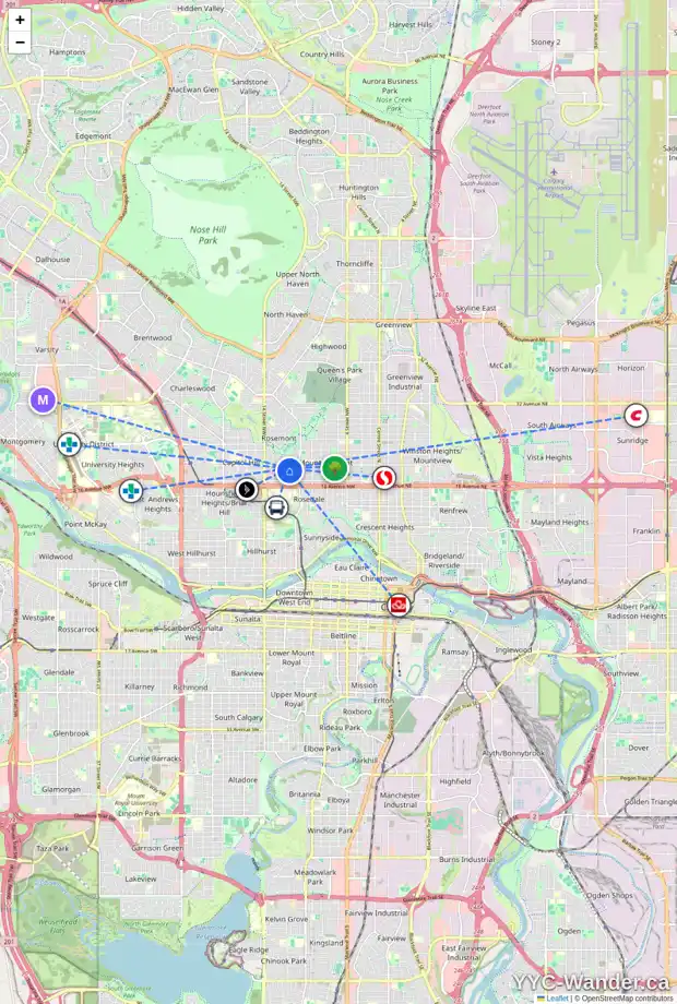 Daily accessibility map for 1214 19 AV NW, Calgary showing nearby schools, grocery stores, parks, LRT stations and nearby amenities