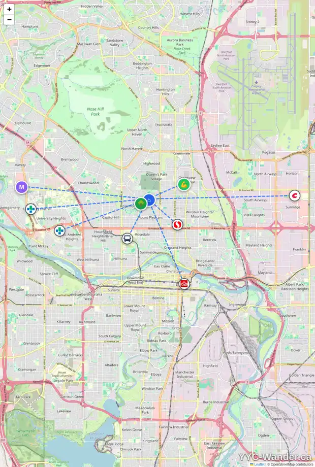 Daily accessibility map for 726 28 AV NW, Calgary showing nearby schools, grocery stores, parks, LRT stations and nearby amenities