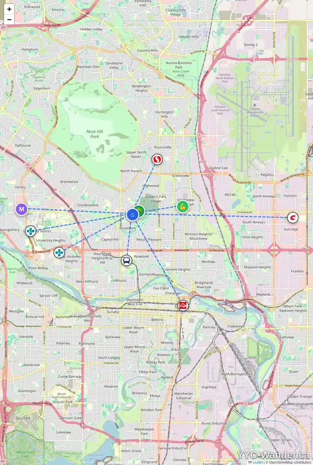 Daily accessibility map for 1124 31 AV NW, Calgary showing nearby schools, grocery stores, parks, LRT stations and nearby amenities