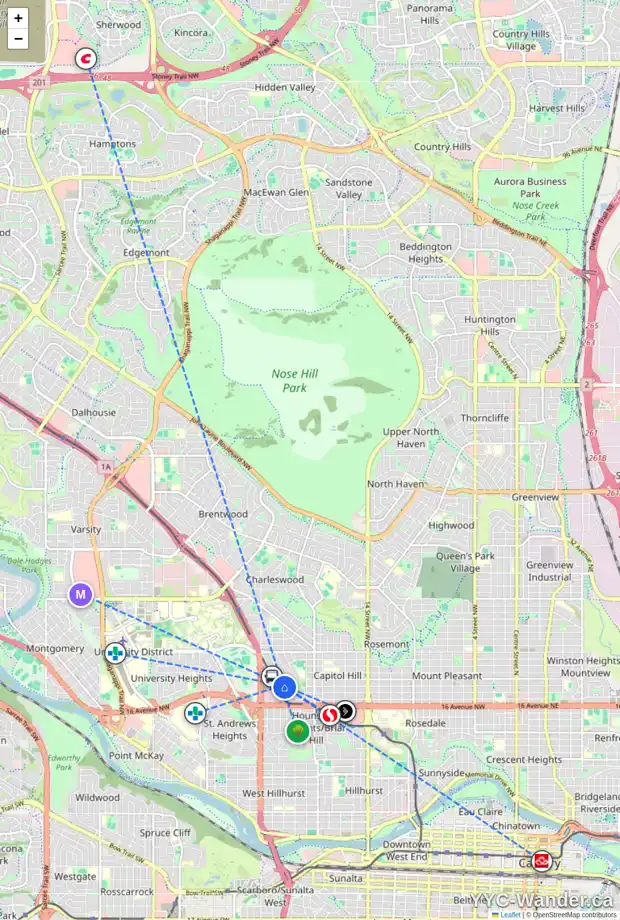 Daily accessibility map for 2303 23 ST NW, Calgary showing nearby schools, grocery stores, parks, LRT stations and nearby amenities