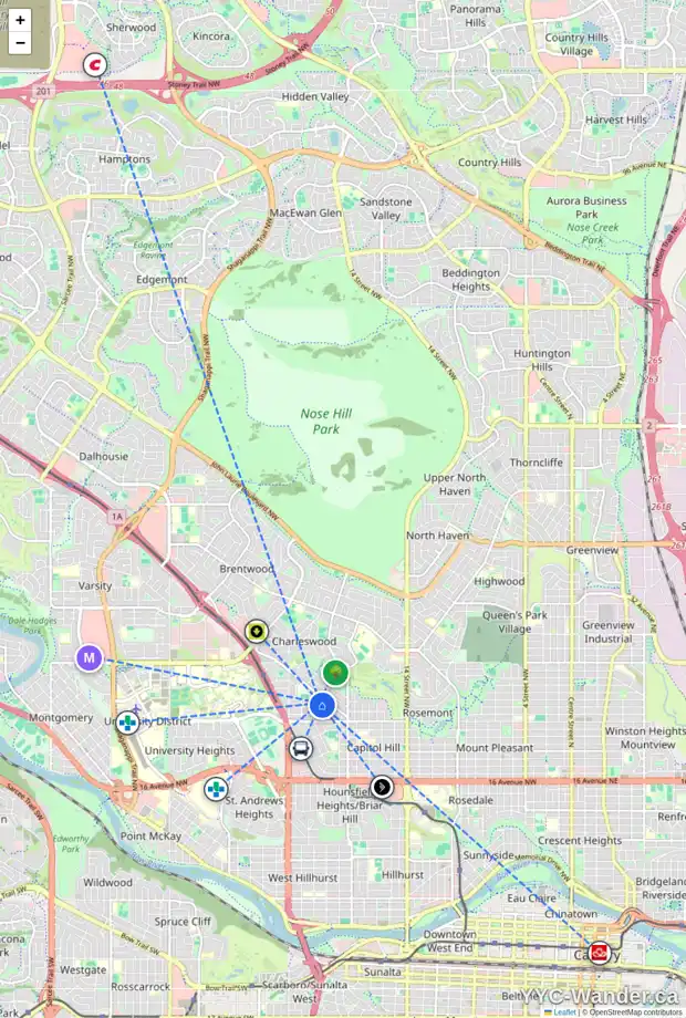 Daily accessibility map for 2712 EXSHAW RD NW, Calgary showing nearby schools, grocery stores, parks, LRT stations and nearby amenities