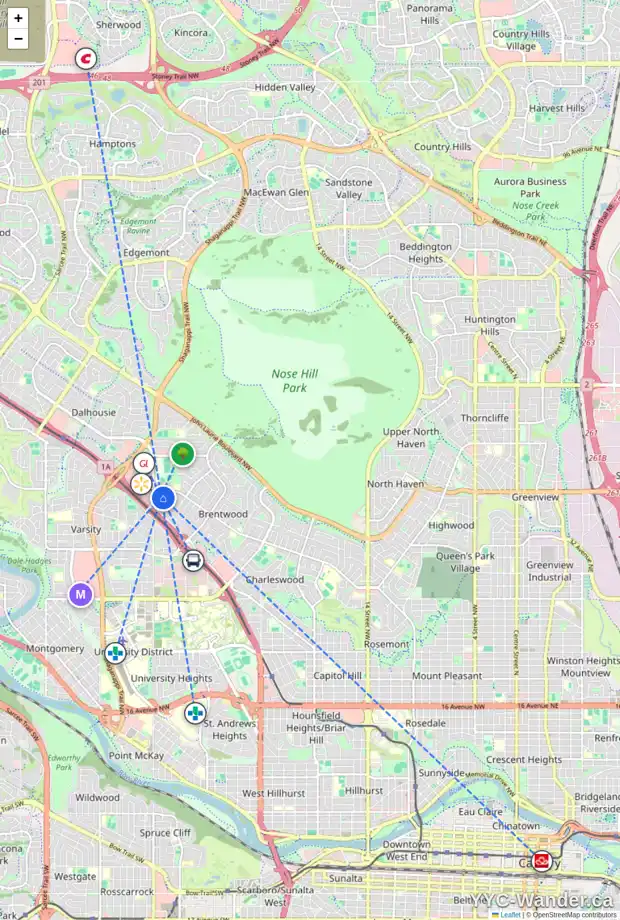 Daily accessibility map for 3624 BOULTON RD NW, Calgary showing nearby schools, grocery stores, parks, LRT stations and nearby amenities