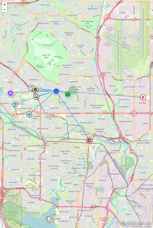 Daily accessibility map for 5 CAWDER DR NW, Calgary showing nearby schools, grocery stores, parks, LRT stations and nearby amenities