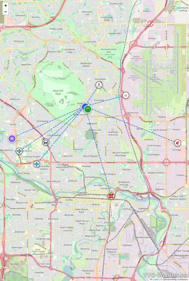 Daily accessibility map for 215 NORFOLK RD NW, Calgary showing nearby schools, grocery stores, parks, LRT stations and nearby amenities