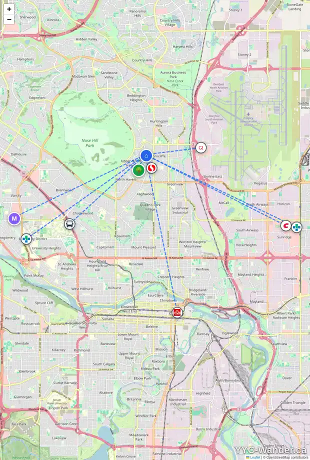 Daily accessibility map for 6108 THORNABY WY NW, Calgary showing nearby schools, grocery stores, parks, LRT stations and nearby amenities