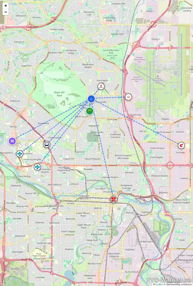 Daily accessibility map for 20 THORNWOOD CL NW, Calgary showing nearby schools, grocery stores, parks, LRT stations and nearby amenities
