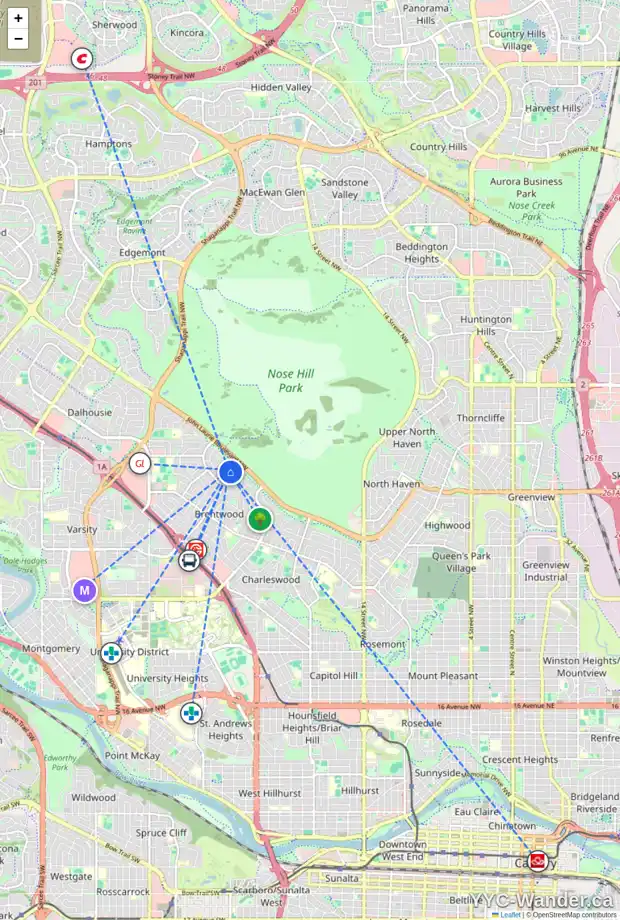 Daily accessibility map for 2708 CRAWFORD RD NW, Calgary showing nearby schools, grocery stores, parks, LRT stations and nearby amenities