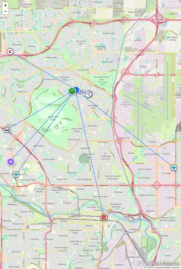 Daily accessibility map for 63 BERWICK HL NW, Calgary showing nearby schools, grocery stores, parks, LRT stations and nearby amenities