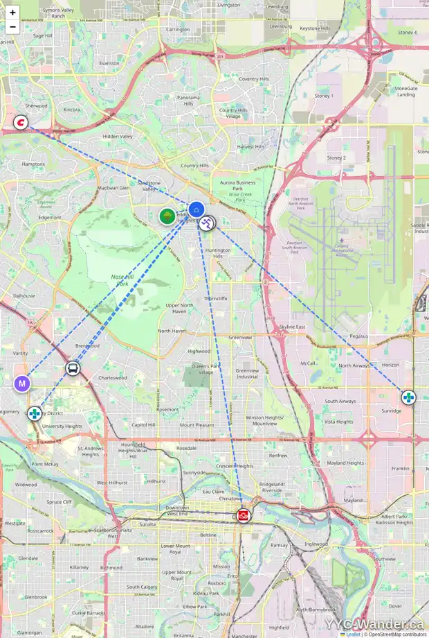 Daily accessibility map for 88 BERMUDA RD NW, Calgary showing nearby schools, grocery stores, parks, LRT stations and nearby amenities