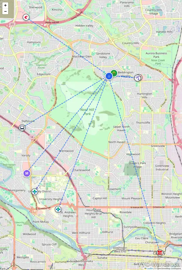 Daily accessibility map for 71 BEACHAM CL NW, Calgary showing nearby schools, grocery stores, parks, LRT stations and nearby amenities