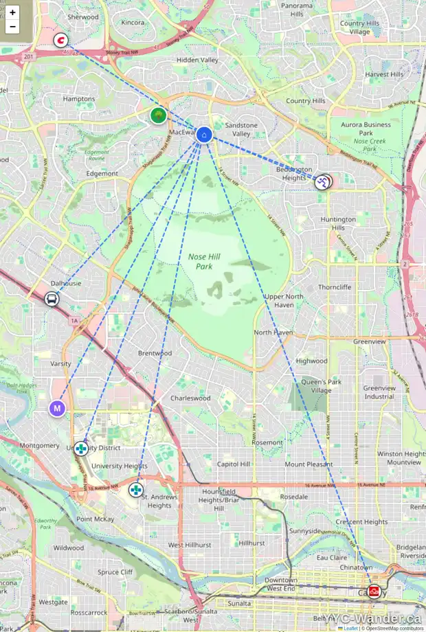 Daily accessibility map for 80 MACEWAN PARK RD NW, Calgary showing nearby schools, grocery stores, parks, LRT stations and nearby amenities