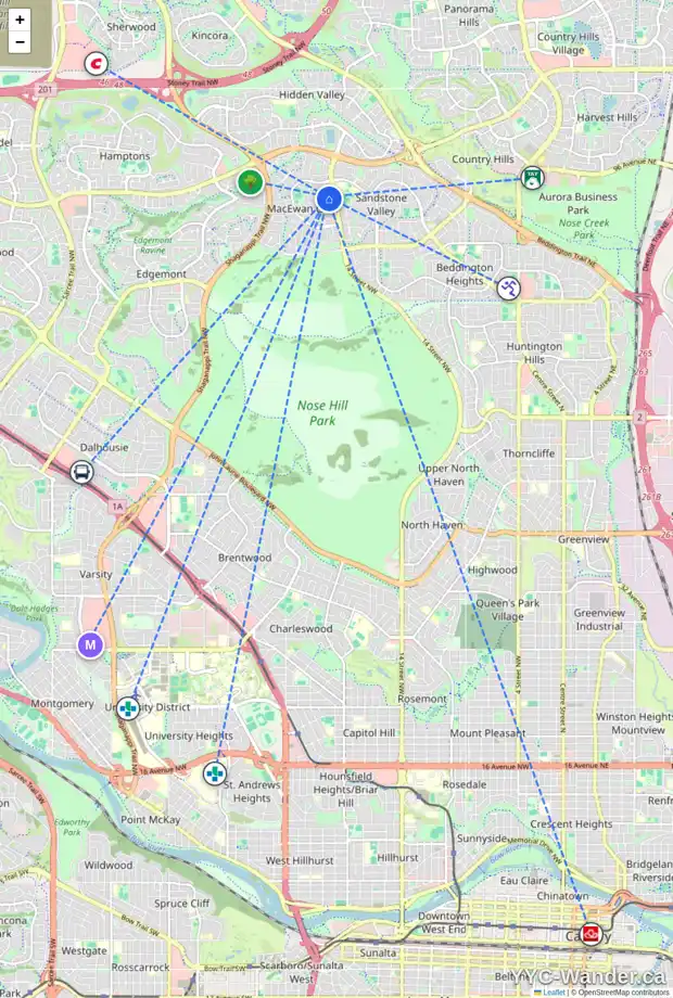 Daily accessibility map for 31 MACEWAN MEADOW LI NW, Calgary showing nearby schools, grocery stores, parks, LRT stations and nearby amenities