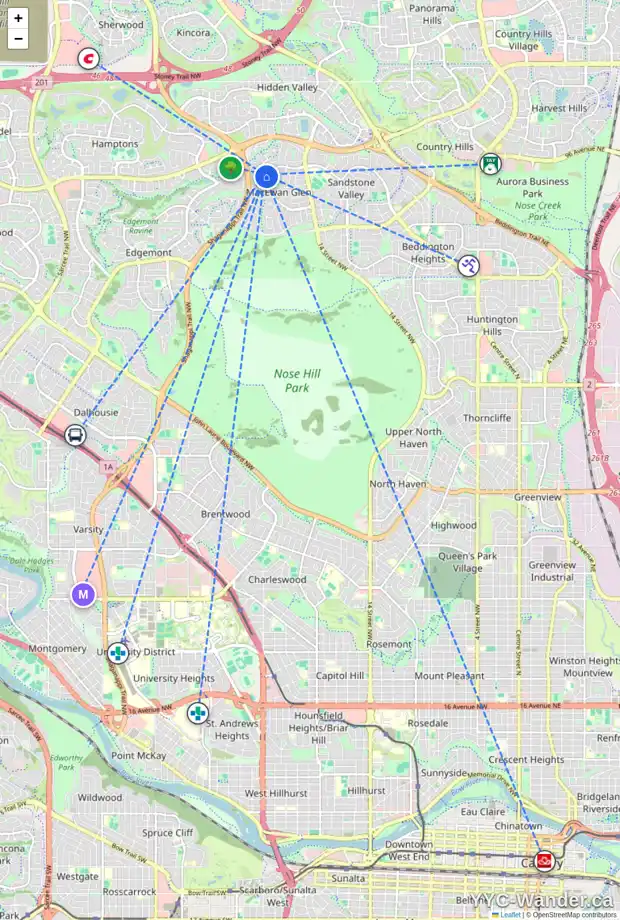 Daily accessibility map for 161 MACEWAN RIDGE CI NW, Calgary showing nearby schools, grocery stores, parks, LRT stations and nearby amenities