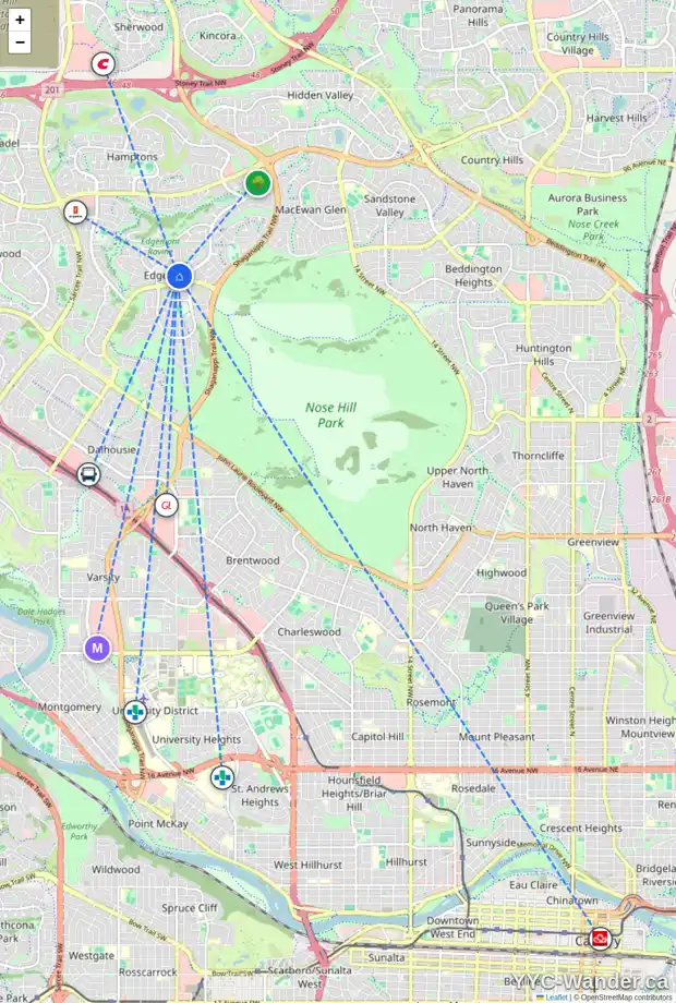 Daily accessibility map for 219 EDGEBANK PL NW, Calgary showing nearby schools, grocery stores, parks, LRT stations and nearby amenities