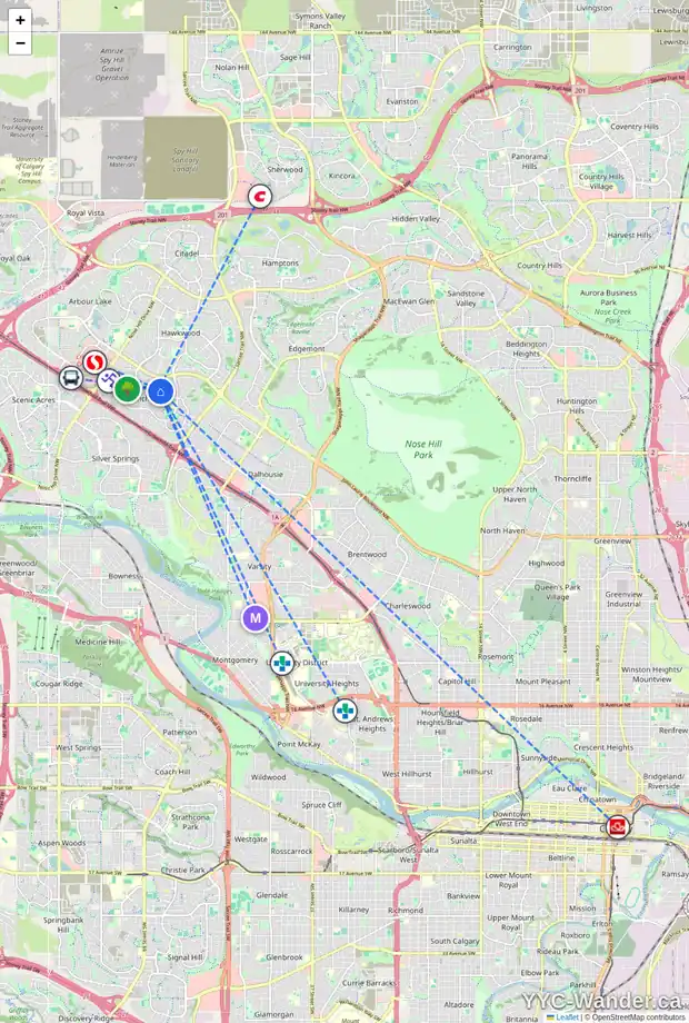 Daily accessibility map for 656 RANCHRIDGE CO NW, Calgary showing nearby schools, grocery stores, parks, LRT stations and nearby amenities