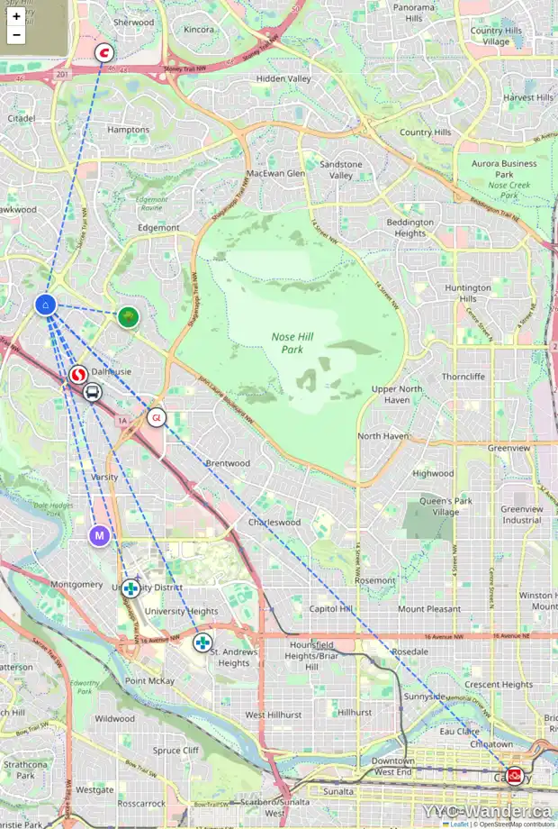 Daily accessibility map for 183 DALCASTLE WY NW, Calgary showing nearby schools, grocery stores, parks, LRT stations and nearby amenities