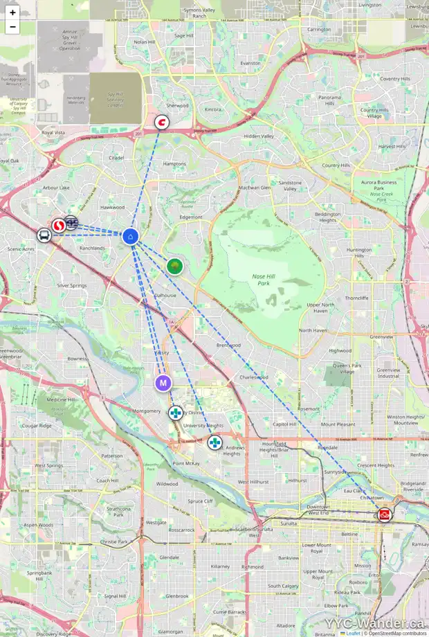 Daily accessibility map for 19 HAWKSLOW BA NW, Calgary showing nearby schools, grocery stores, parks, LRT stations and nearby amenities