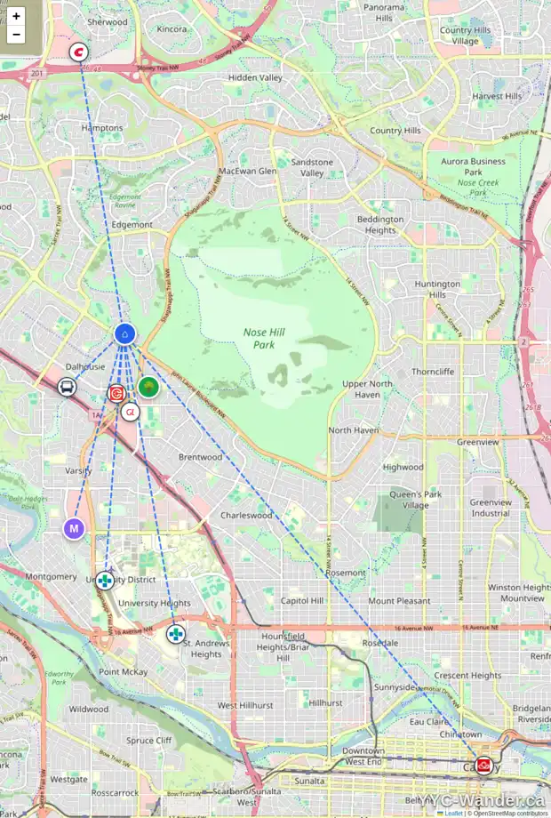 Daily accessibility map for 236 EDGEMONT BA NW, Calgary showing nearby schools, grocery stores, parks, LRT stations and nearby amenities