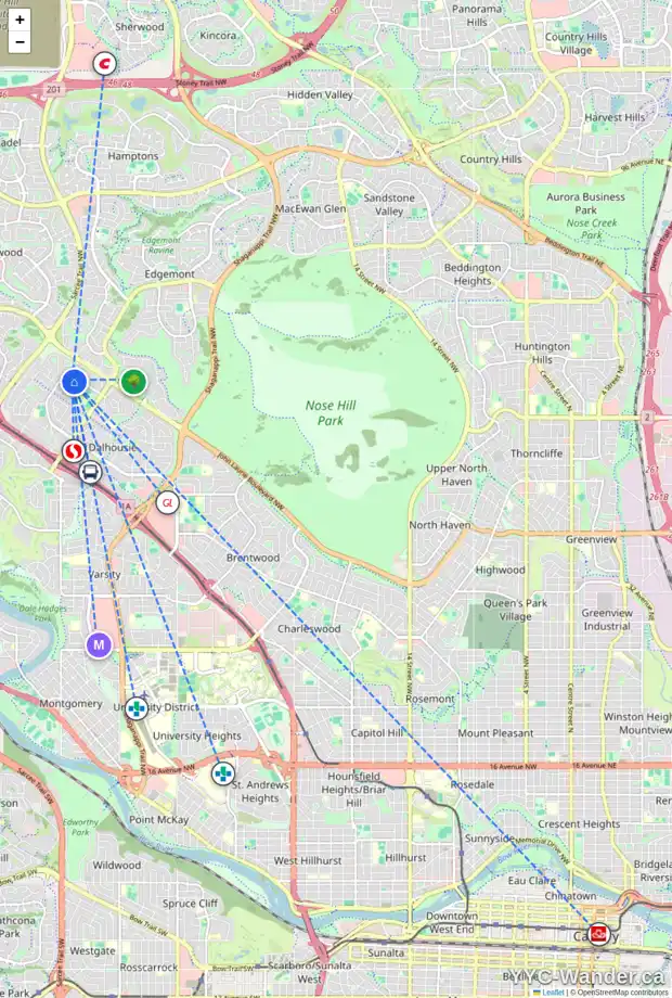 Daily accessibility map for 5536 DALHART HL NW, Calgary showing nearby schools, grocery stores, parks, LRT stations and nearby amenities