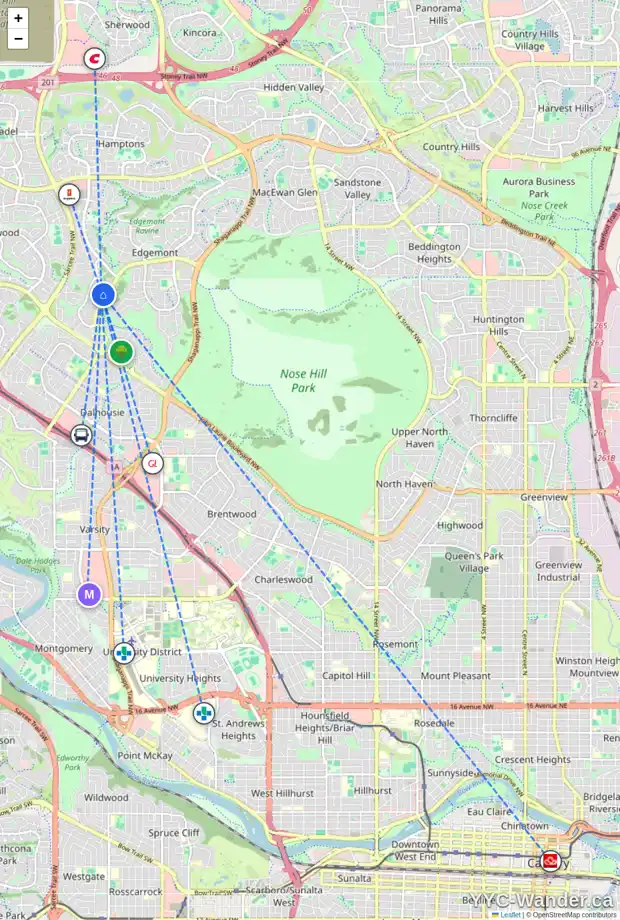 Daily accessibility map for 12 EDGEWOOD RI NW, Calgary showing nearby schools, grocery stores, parks, LRT stations and nearby amenities