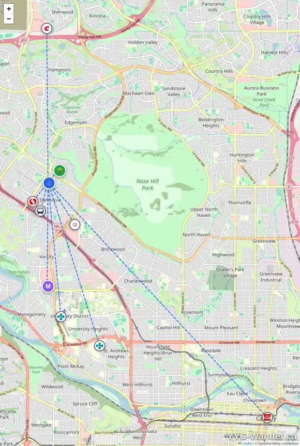 Daily accessibility map for 52 DALHURST WY NW, Calgary showing nearby schools, grocery stores, parks, LRT stations and nearby amenities
