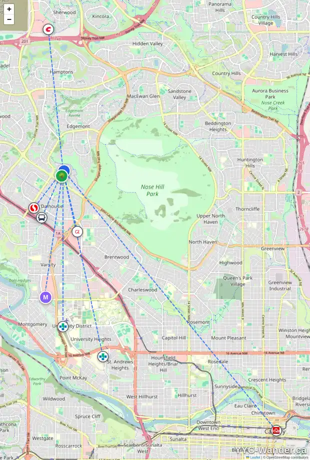 Daily accessibility map for 7031 EDGEMONT DR NW, Calgary showing nearby schools, grocery stores, parks, LRT stations and nearby amenities