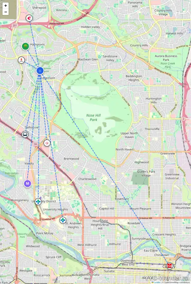 Daily accessibility map for 8385 EDGEVALLEY DR NW, Calgary showing nearby schools, grocery stores, parks, LRT stations and nearby amenities