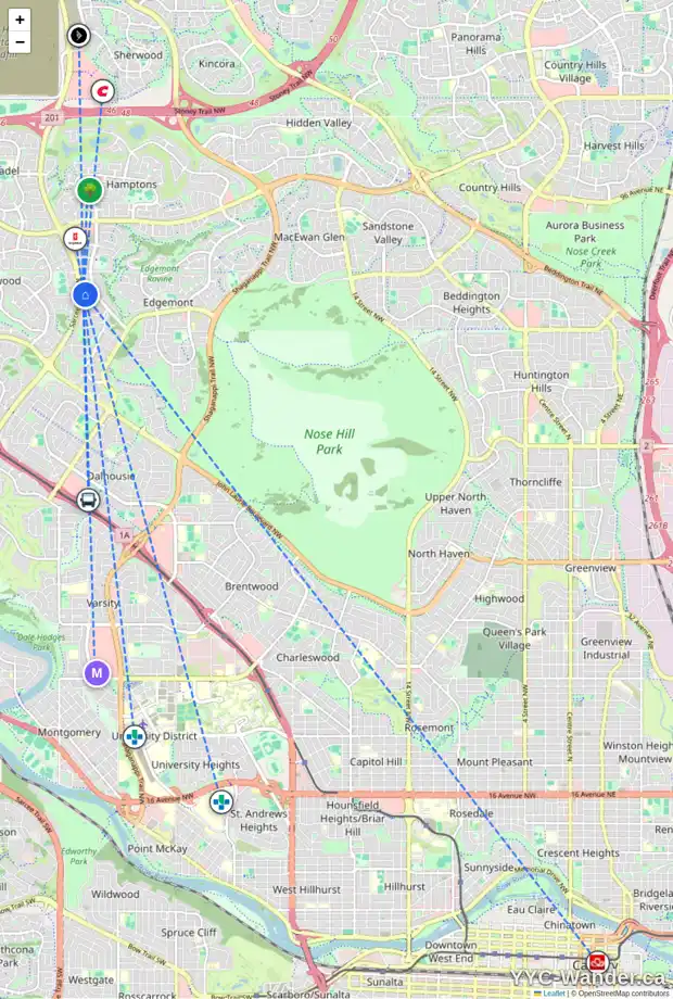 Daily accessibility map for 19 EDGELAND ME NW, Calgary showing nearby schools, grocery stores, parks, LRT stations and nearby amenities