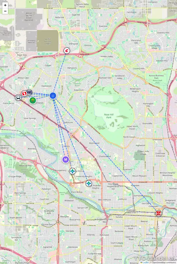 Daily accessibility map for 51 HAWKSBROW DR NW, Calgary showing nearby schools, grocery stores, parks, LRT stations and nearby amenities