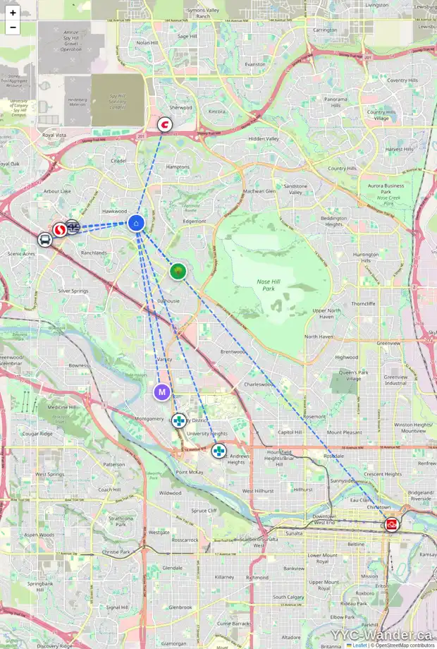 Daily accessibility map for 235 HAWKWOOD BV NW, Calgary showing nearby schools, grocery stores, parks, LRT stations and nearby amenities