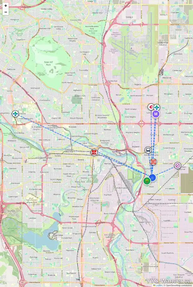 Daily accessibility map for 3036 29A ST SE, Calgary showing nearby schools, grocery stores, parks, LRT stations and nearby amenities