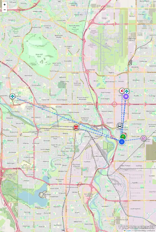 Daily accessibility map for 2055 COTTONWOOD CR SE, Calgary showing nearby schools, grocery stores, parks, LRT stations and nearby amenities