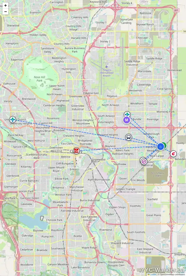 Daily accessibility map for 424 PENSWOOD RD SE, Calgary showing nearby schools, grocery stores, parks, LRT stations and nearby amenities