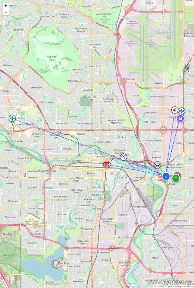 Daily accessibility map for 2616 16 AV SE, Calgary showing nearby schools, grocery stores, parks, LRT stations and nearby amenities